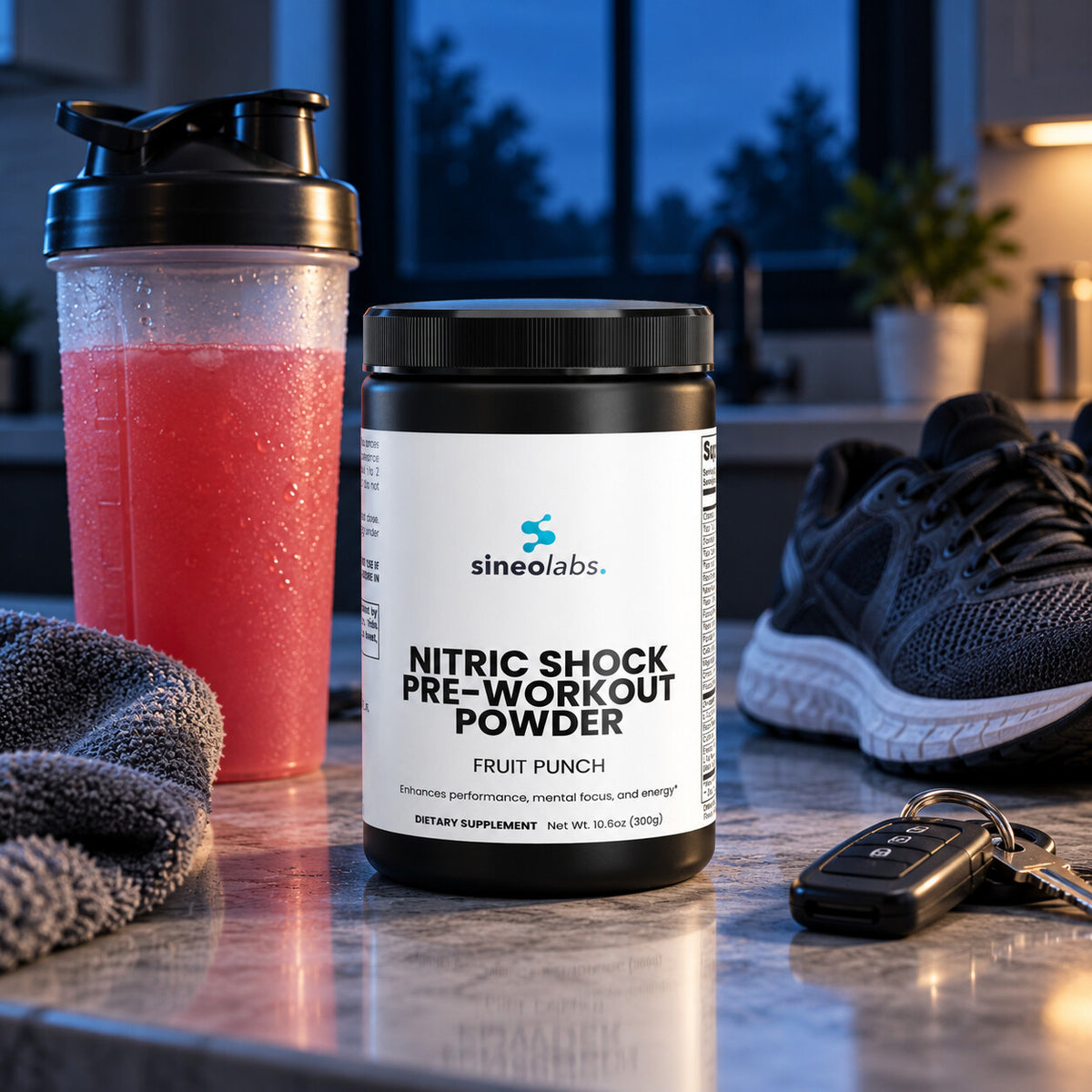 Nitric Shock Pre-Workout, 175mg Caffeine, Fruit Punch on a kitchen counter at dawn in soft blue light