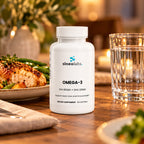 Omega-3 Fish Oil Softgels, EPA 180mg + DHA 120mg on a dining table in warm evening light beside a plate of roast chicken and green beans and a glass of water