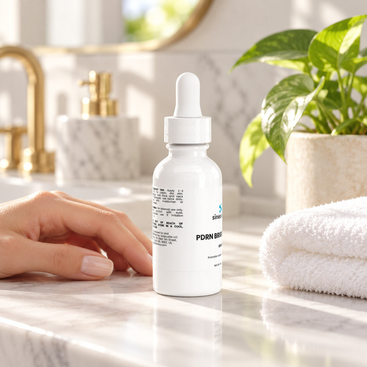 PDRN Brightening Serum with Acetyl Hexapeptide-8 on a bright bathroom vanity in soft morning light