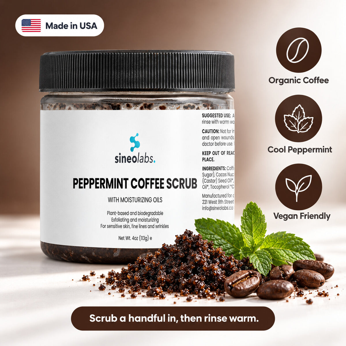 Peppermint Coffee Body Scrub with Sea Salt: Organic Coffee, Cool Peppermint, Vegan Friendly
