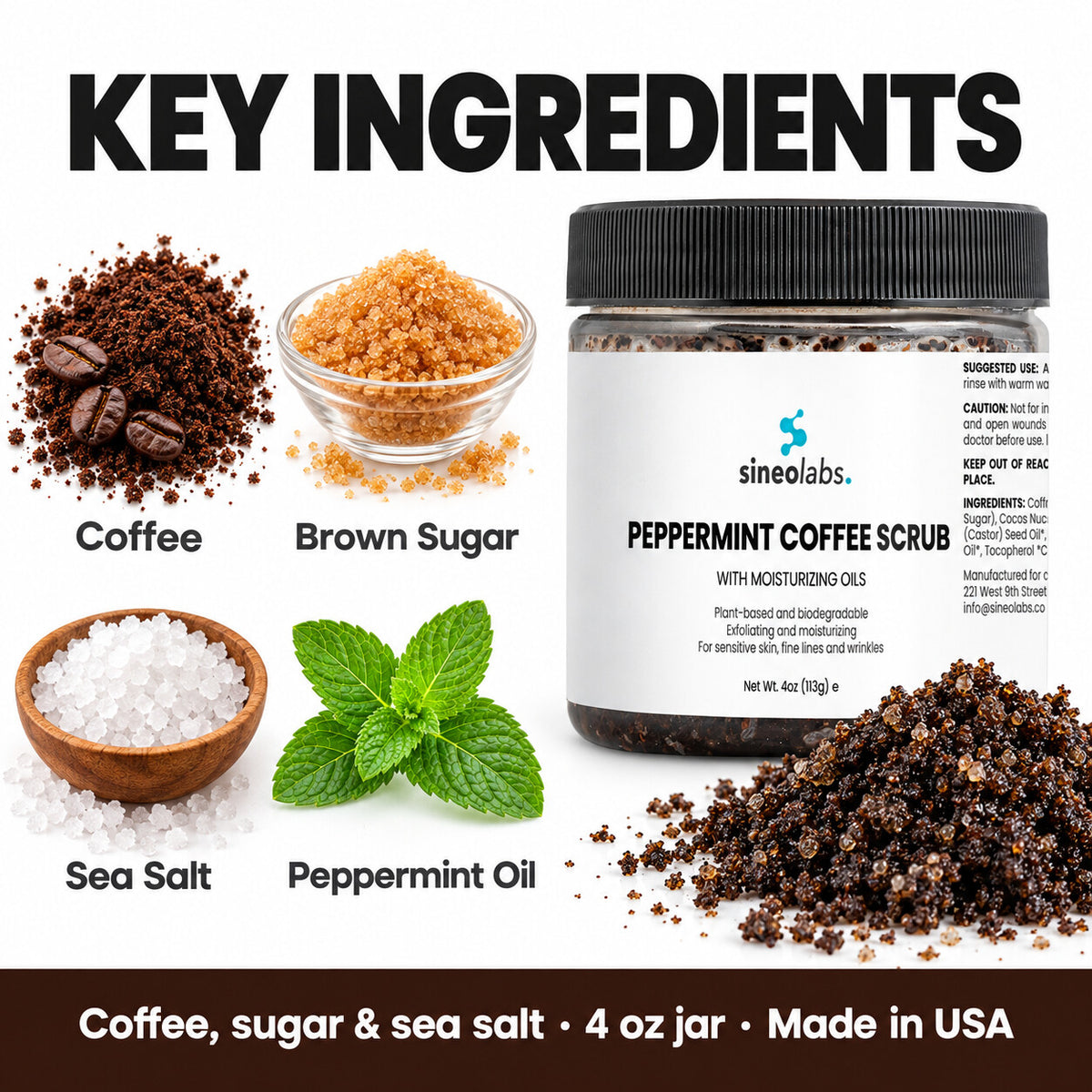 Peppermint Coffee Body Scrub with Sea Salt: Coffee, Brown Sugar, Sea Salt, Peppermint Oil