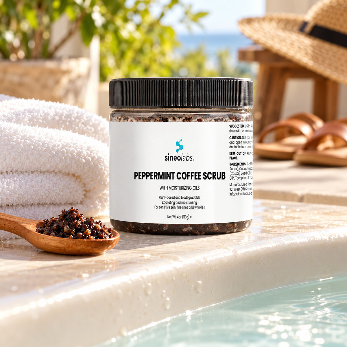 Peppermint Coffee Body Scrub with Sea Salt on the edge of a sunlit bathtub beside a folded towel and a wooden spoon with a little dark scrub