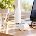 Peptide Eye Gel-Cream with Acetyl Tetrapeptide-5 on a tidy desk in soft early-morning light
