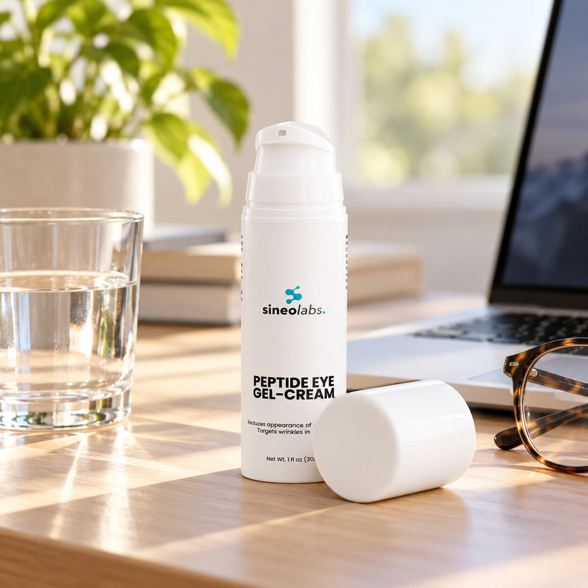 Peptide Eye Gel-Cream with Acetyl Tetrapeptide-5 on a tidy desk in soft early-morning light