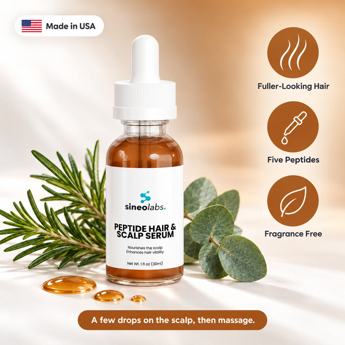 Peptide Hair & Scalp Serum with Rosemary: Fuller-Looking Hair, Five Peptides, Fragrance Free