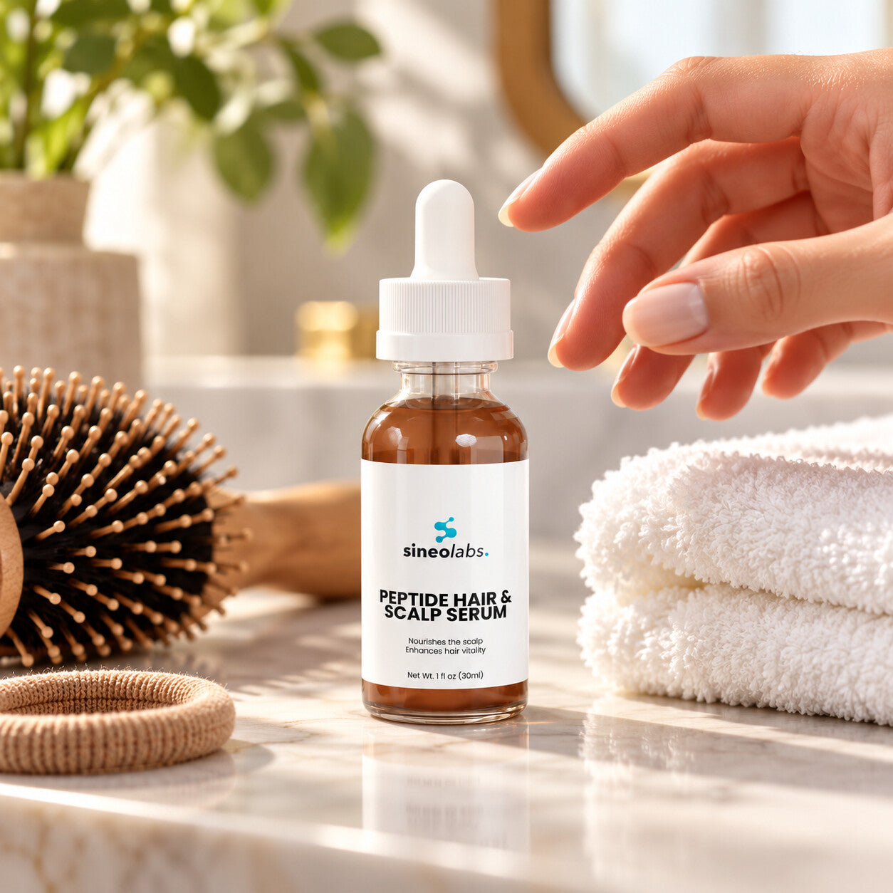 Peptide Hair & Scalp Serum with Rosemary on a bathroom shelf in bright morning light beside a wooden round brush