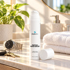 Peptide Moisturizer with Cranberry Extract on a sunlit bathroom shelf in soft morning light