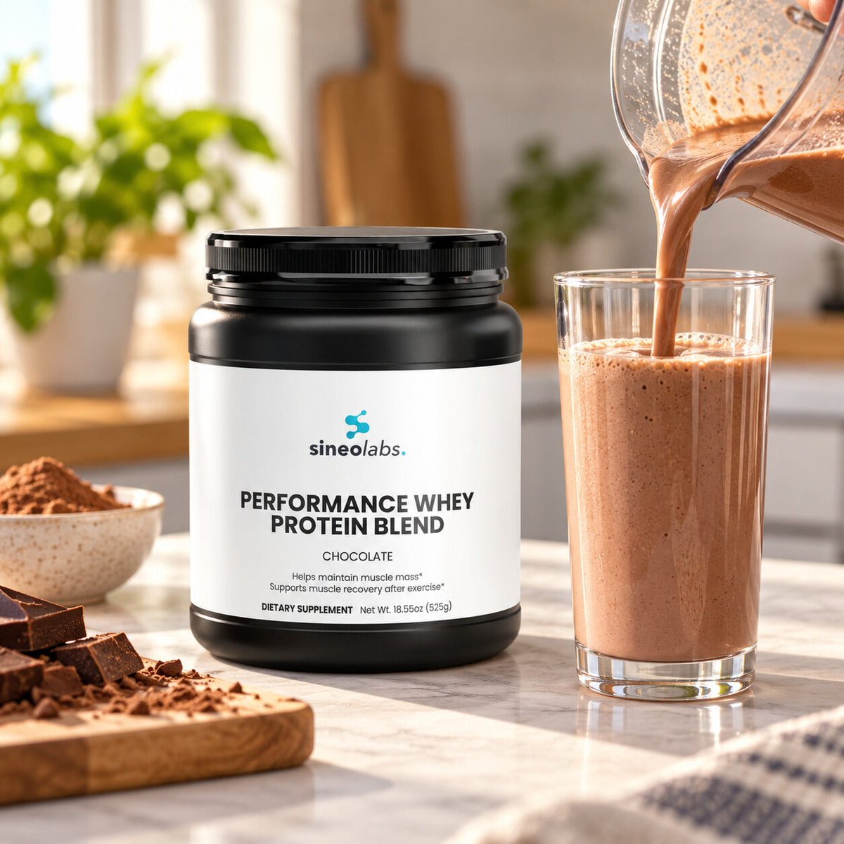 Performance Whey Protein, 22g Protein, Chocolate on a kitchen counter in soft morning light beside a blender jug of chocolate shake and a tall glass