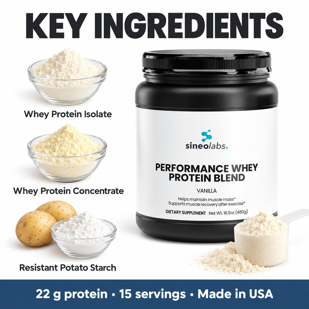 Performance Whey Protein, 22g Protein, Vanilla: Whey Protein Isolate, Whey Protein Concentrate, Resistant Potato Starch