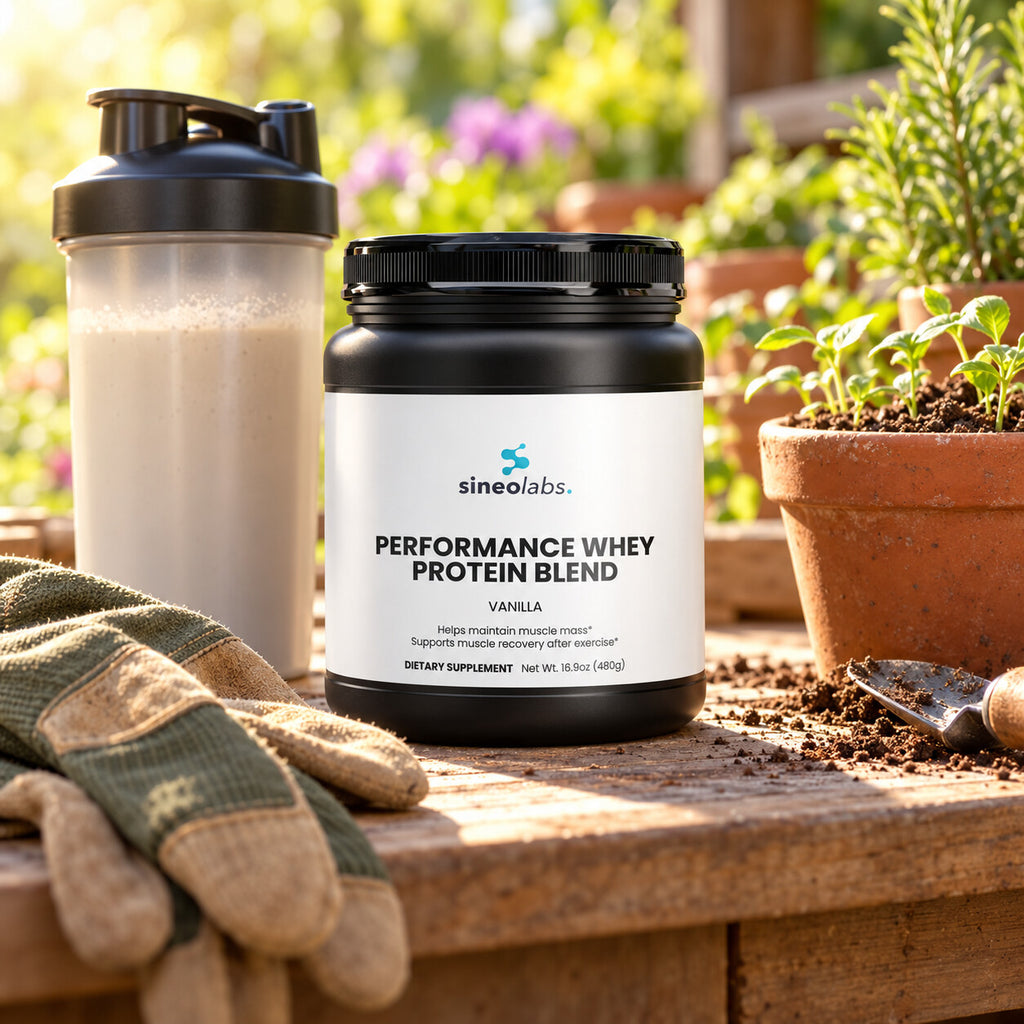 Performance Whey Protein, 22g Protein, Vanilla on a garden potting bench in morning sun