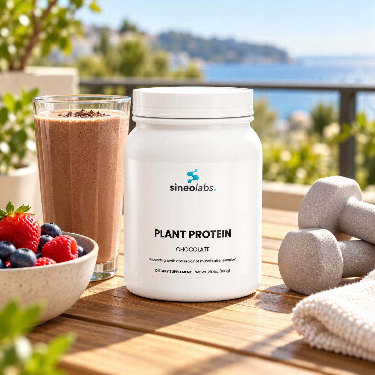 Plant Protein Powder, 21g Protein, Chocolate on a wooden table on a sunny balcony