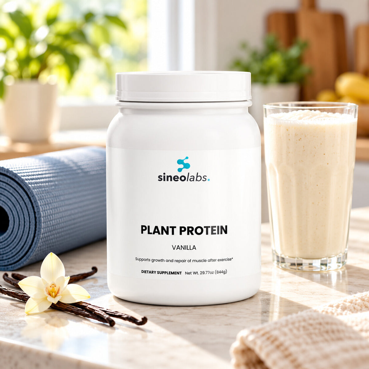Plant Protein Powder, 20g Protein, Vanilla on a kitchen counter in bright morning light beside a tall glass of creamy shake and a rolled yoga mat