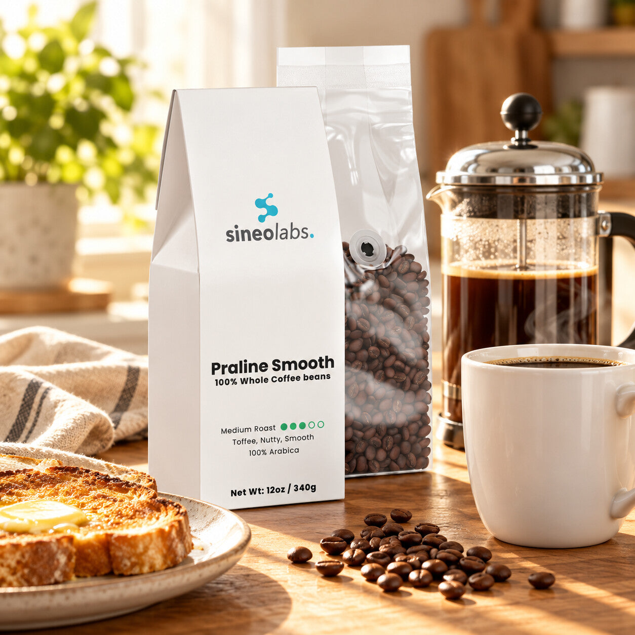 Praline Smooth Medium Roast Coffee, Whole Bean 12oz on a breakfast table beside a French press