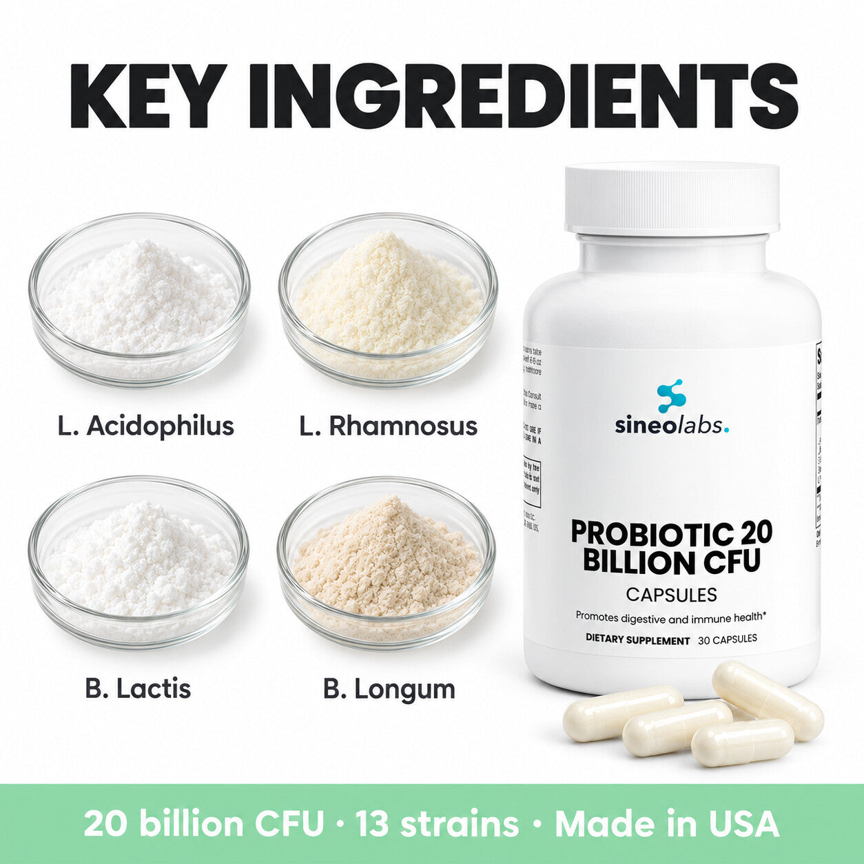 Probiotic 20 Billion CFU Capsules, 13 Strains: L. Acidophilus, L. Rhamnosus, B. Lactis, B. Longum