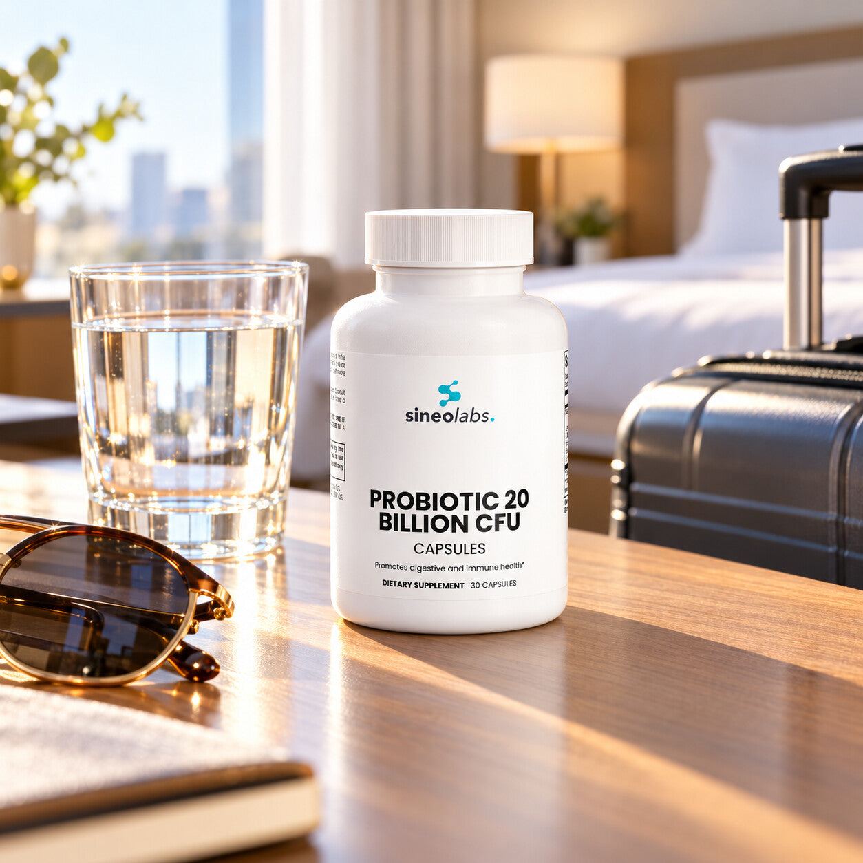 Probiotic 20 Billion CFU Capsules, 13 Strains on a hotel room desk in soft morning light