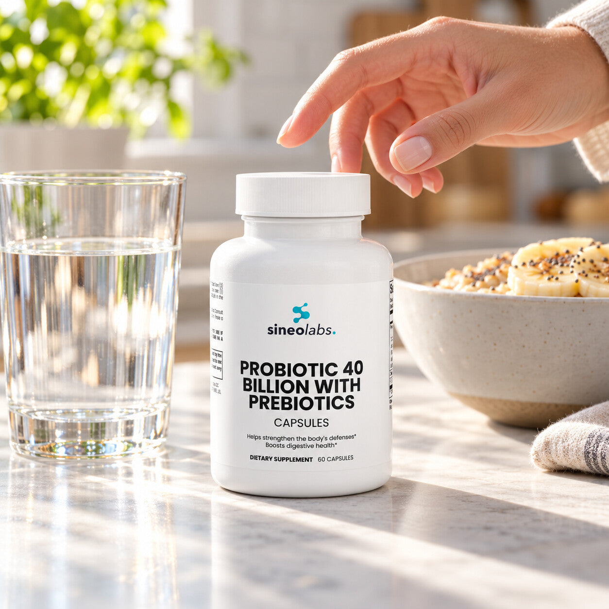 Probiotic 40 Billion CFU Capsules with Prebiotics on a kitchen counter in soft morning light beside a glass of water and a bowl of oatmeal with sliced banana