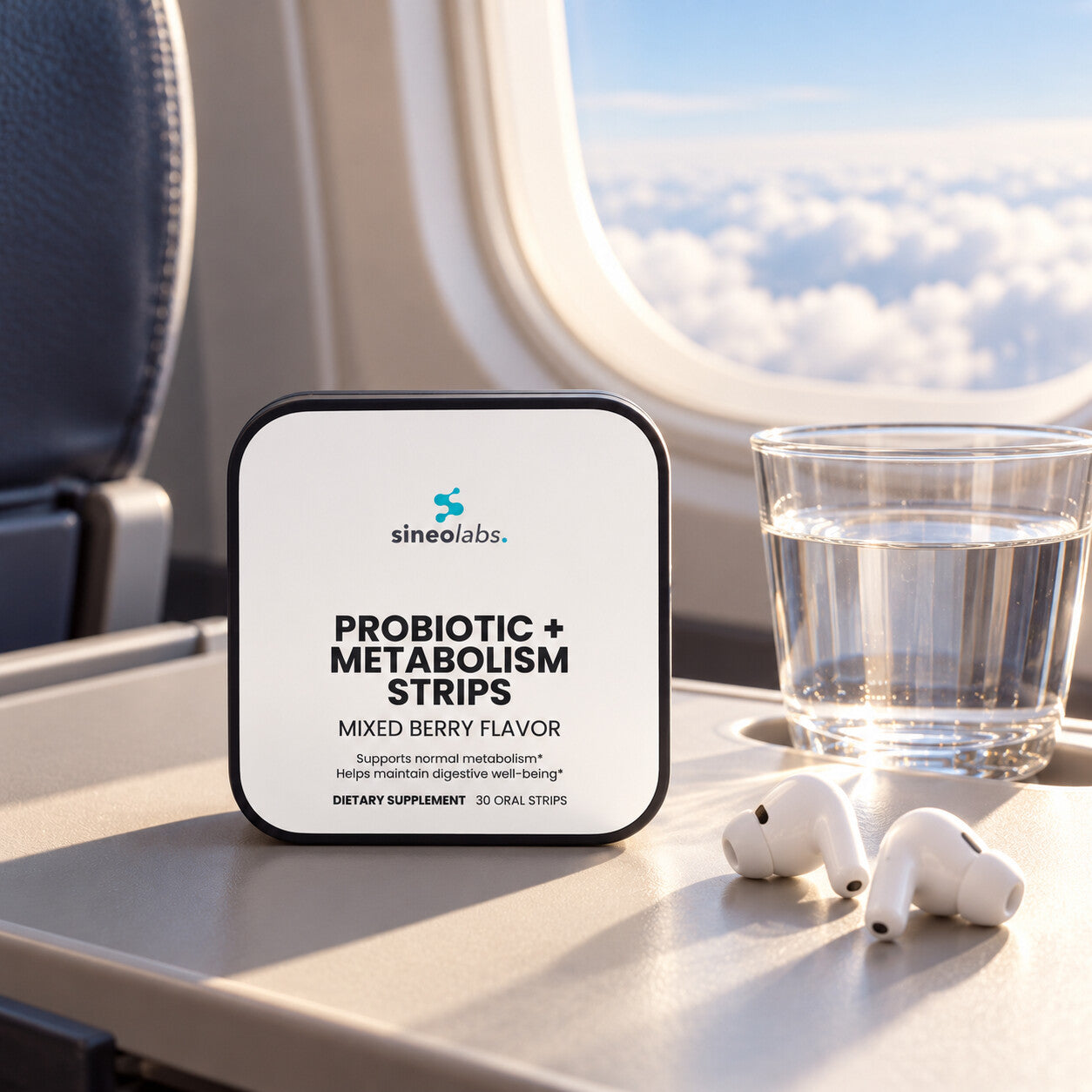 Probiotic + Metabolism Strips, 10 Billion CFU on an airplane tray table in soft window light