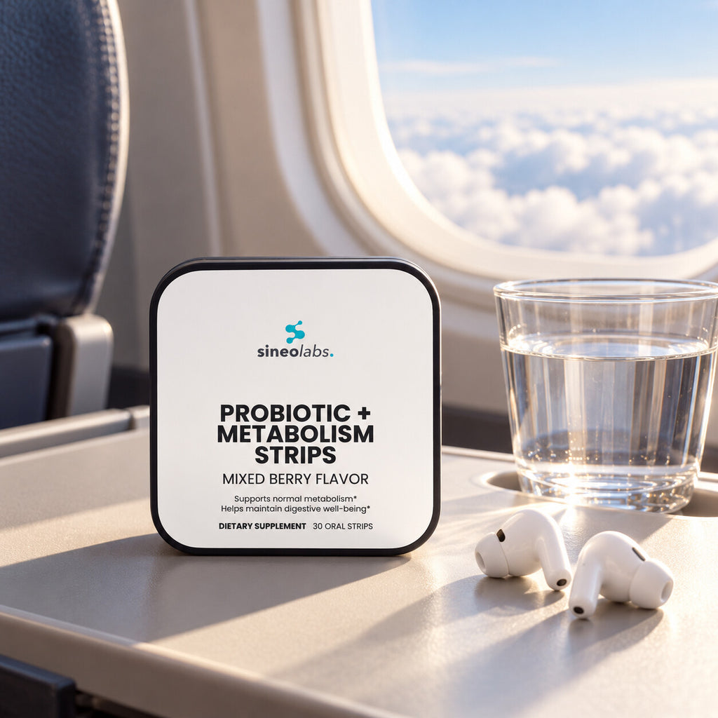 Probiotic + Metabolism Strips, 10 Billion CFU on an airplane tray table in soft window light