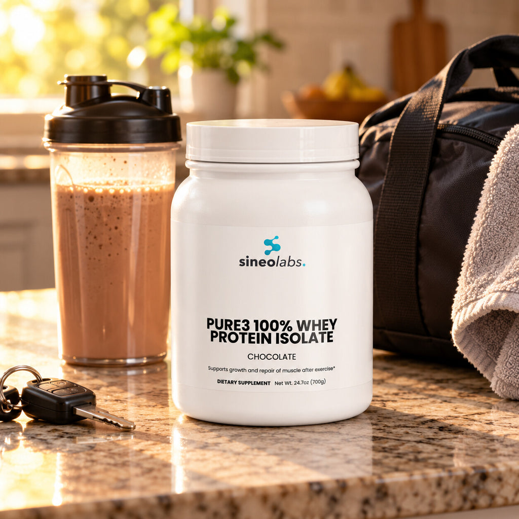 Pure3 100% Whey Isolate, 18g Protein, Chocolate on a kitchen counter in late afternoon light beside a shaker of chocolate shake
