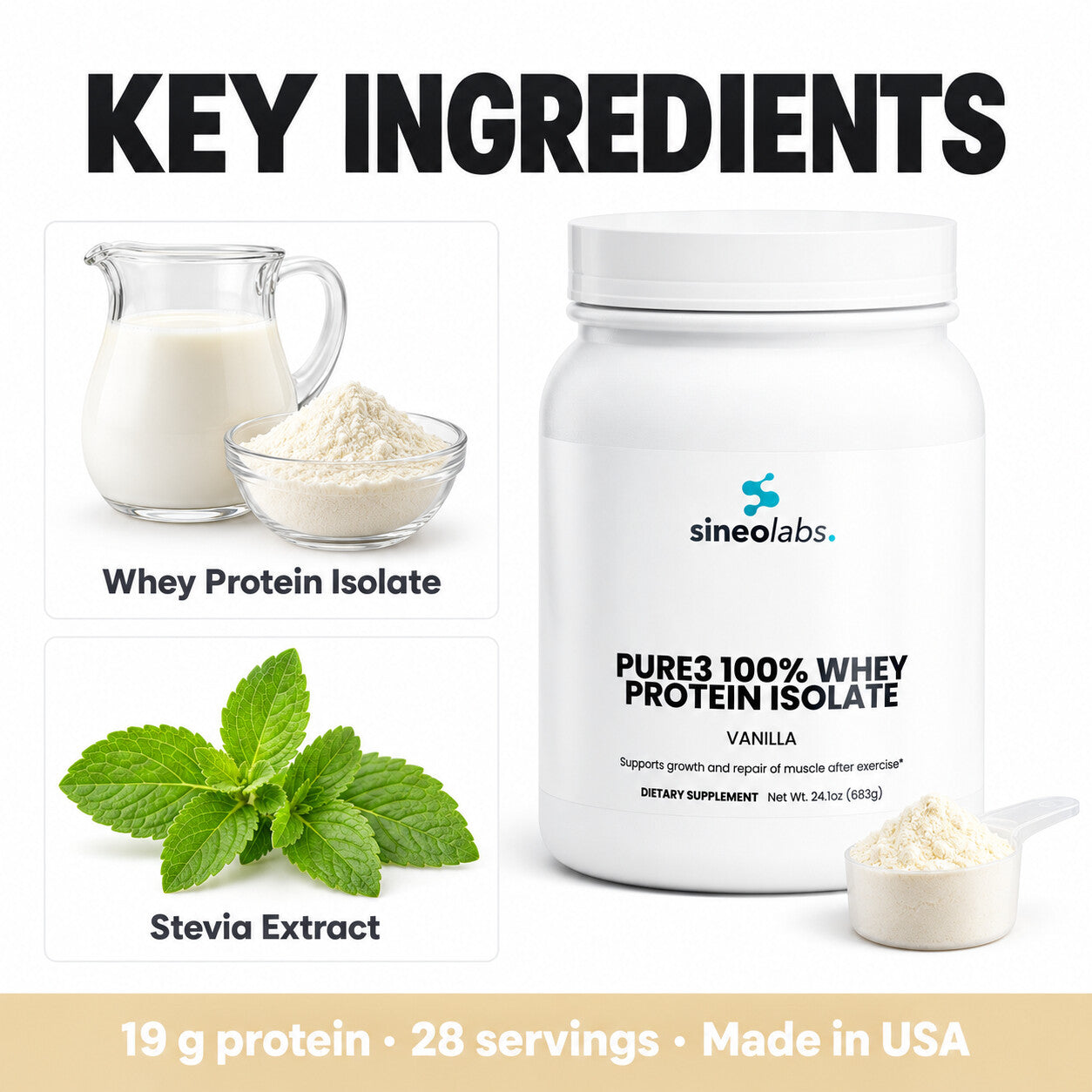 Pure3 100% Whey Isolate, 19g Protein, Vanilla: Whey Protein Isolate, Stevia Extract