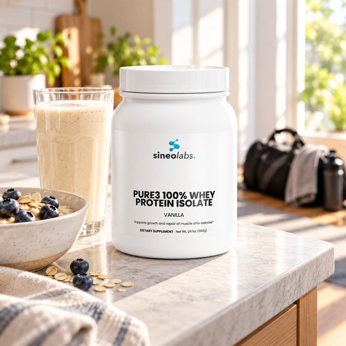 Pure3 100% Whey Isolate, 19g Protein, Vanilla on a kitchen counter in bright morning light