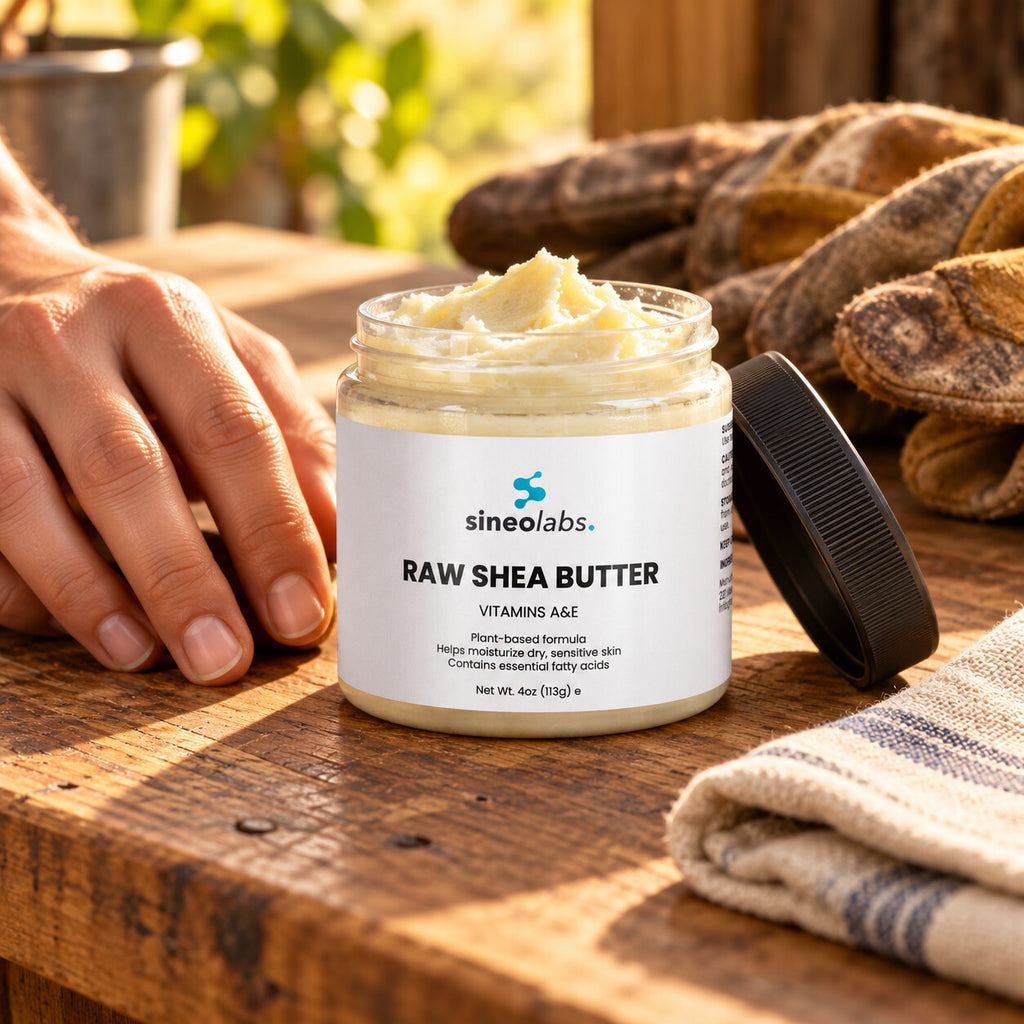 Raw Shea Butter, Unrefined, for Skin & Hair open on a wooden workbench in warm late-afternoon light beside a pair of worn work gloves and a folded cloth