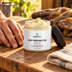 Raw Shea Butter, Unrefined, for Skin & Hair open on a wooden workbench in warm late-afternoon light beside a pair of worn work gloves and a folded cloth
