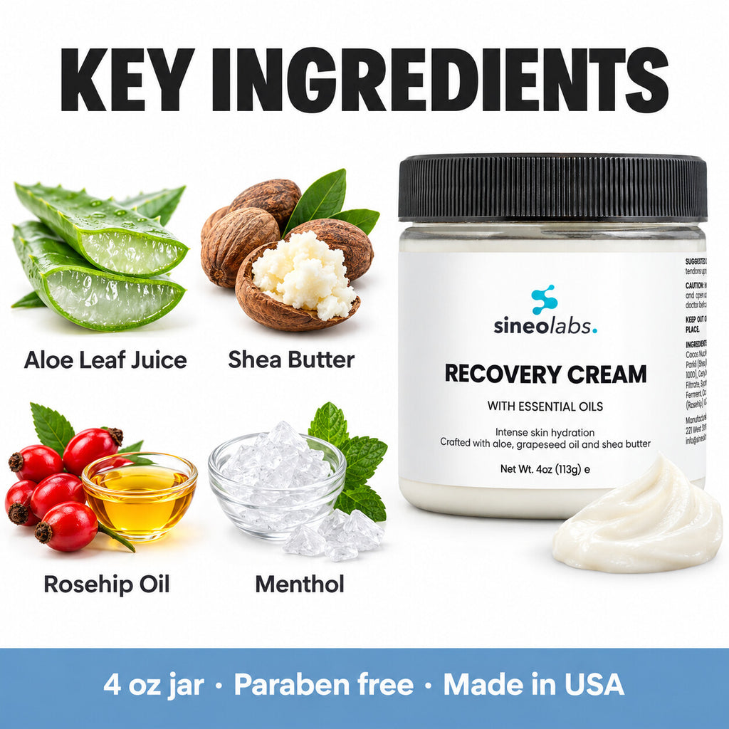 Recovery Cream with Aloe, Shea & Menthol: Aloe Leaf Juice, Shea Butter, Rosehip Oil, Menthol