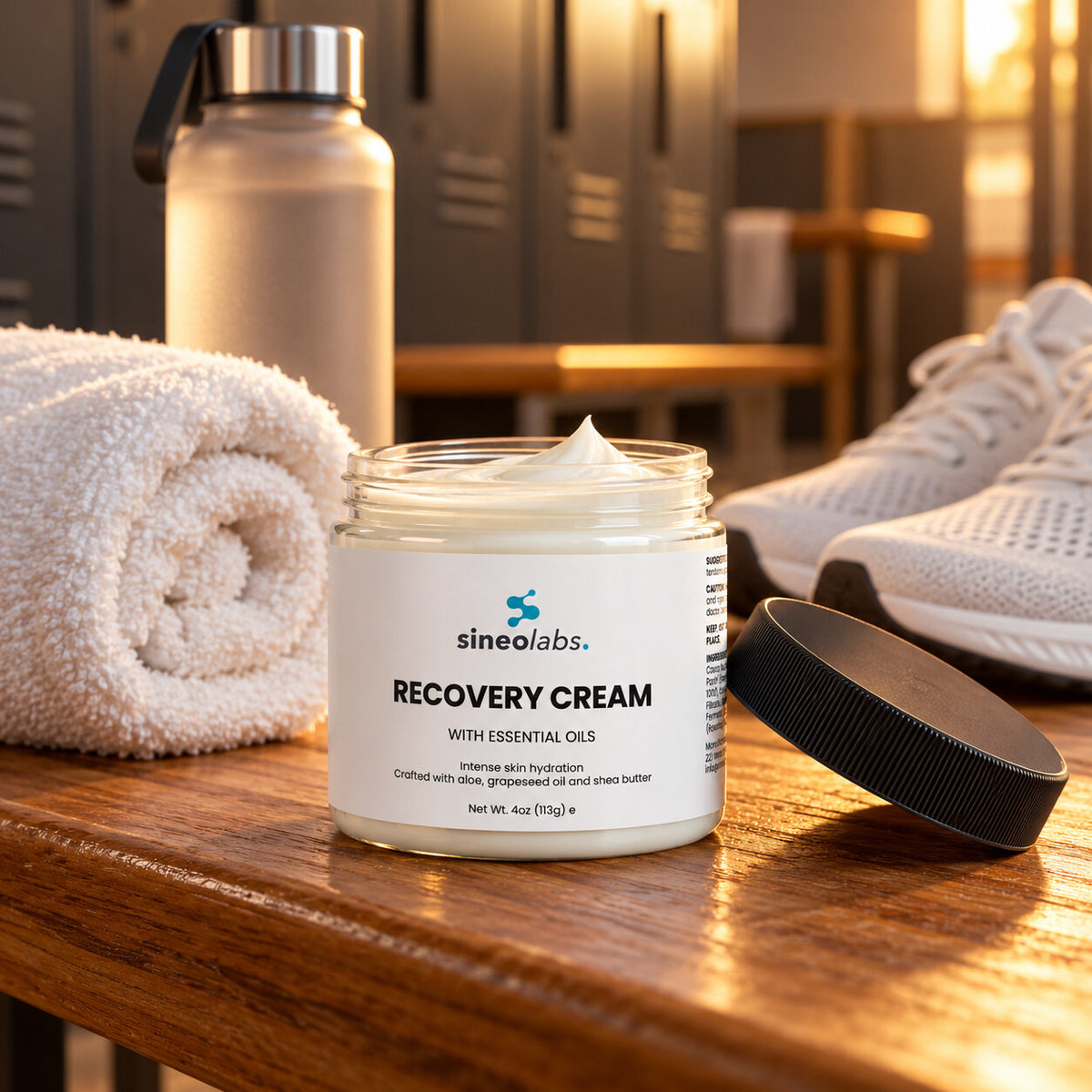 Recovery Cream with Aloe, Shea & Menthol open on a wooden bench in a quiet locker room in warm evening light