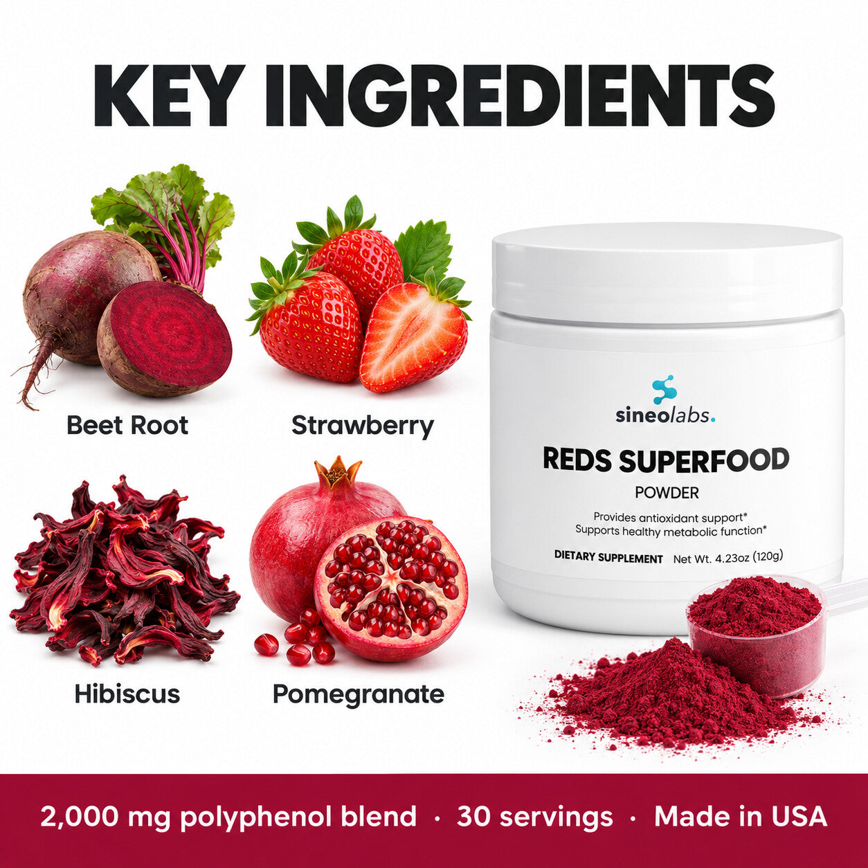 Reds Superfood Powder, 2,000mg Polyphenol Blend: Beet Root, Strawberry, Hibiscus, Pomegranate