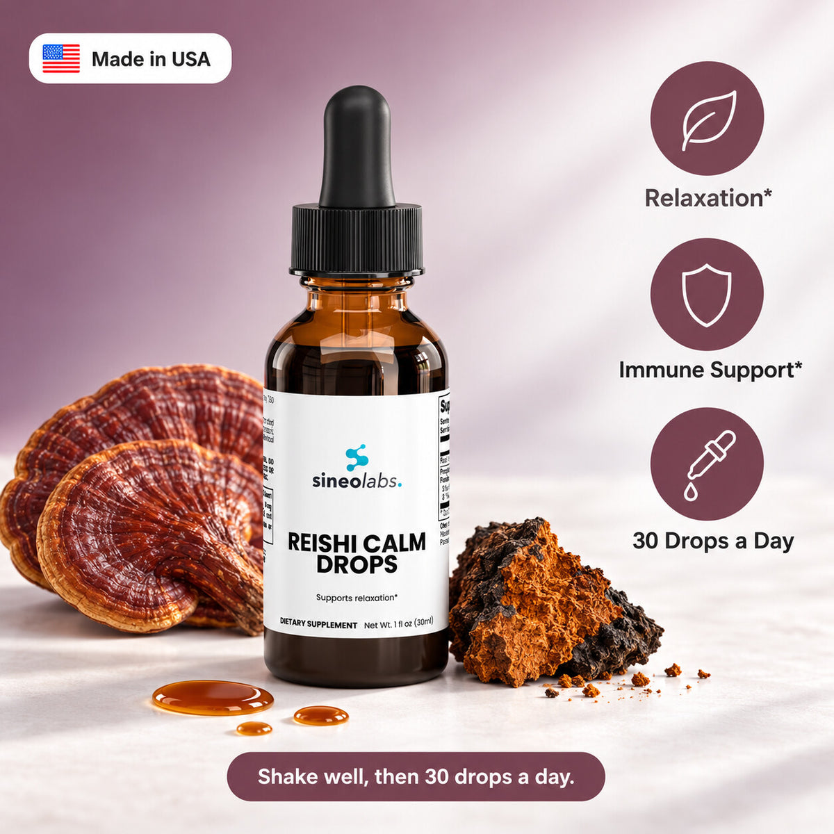 Reishi Calm Drops, 150mg Reishi Extract: Relaxation, Immune Support, 30 Drops a Day