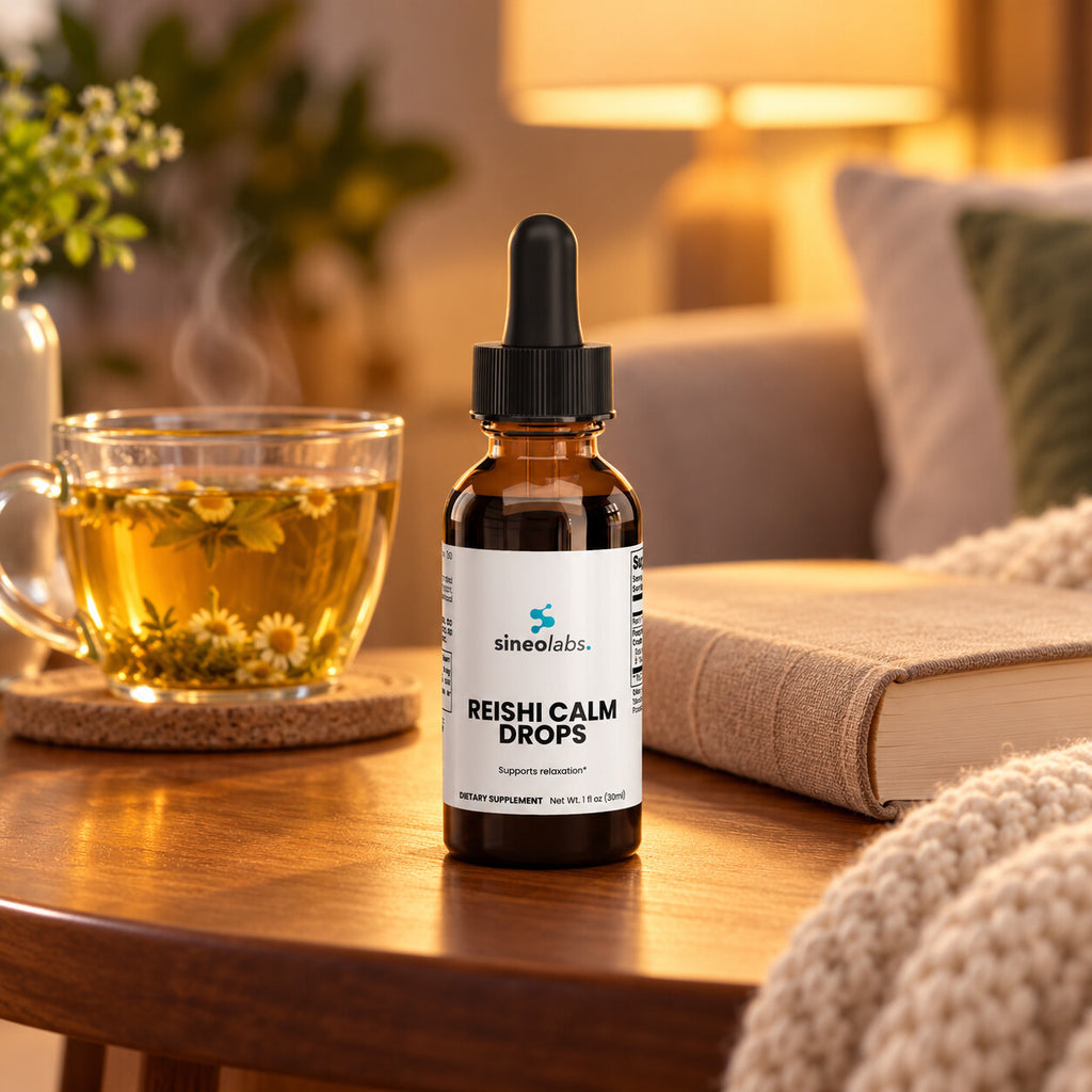 Reishi Calm Drops, 150mg Reishi Extract on a side table in warm evening lamplight