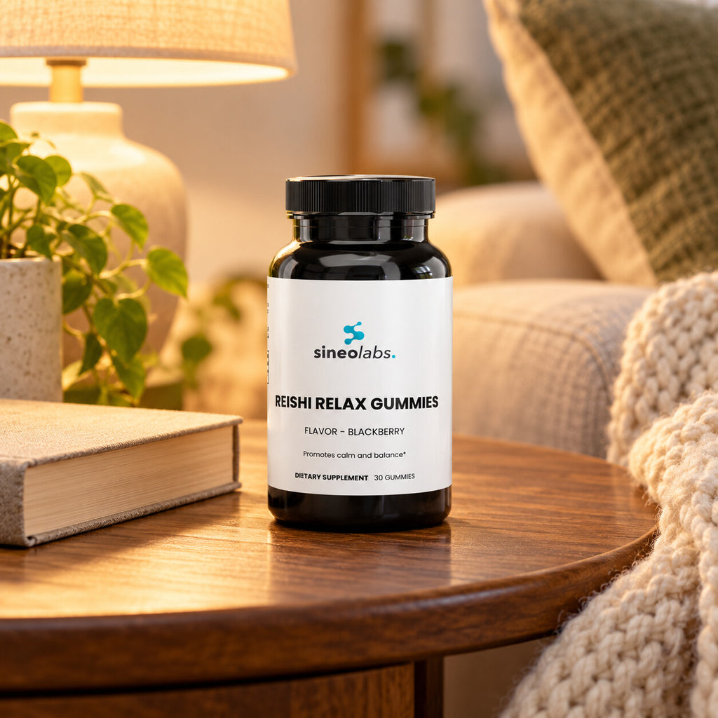 Reishi Relax Gummies with L-Theanine, Blackberry on a living room side table in warm lamp light