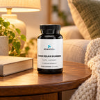 Reishi Relax Gummies with L-Theanine, Blackberry on a living room side table in warm lamp light