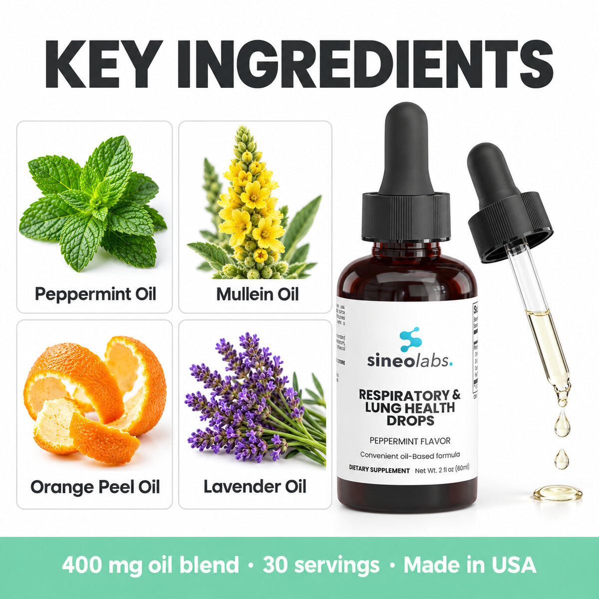 Respiratory & Lung Health Drops with Mullein: Peppermint Oil, Mullein Oil, Orange Peel Oil, Lavender Oil