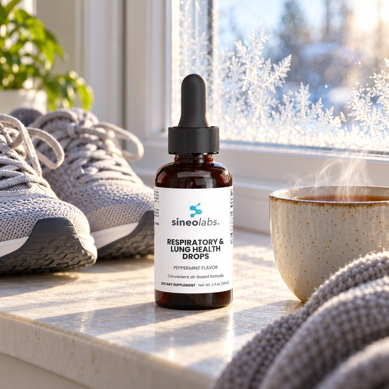 Respiratory & Lung Health Drops with Mullein on a windowsill in crisp morning light beside a pair of running shoes and a steaming cup of tea