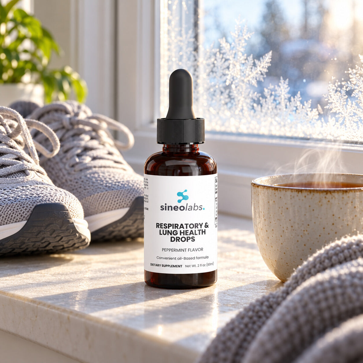 Respiratory & Lung Health Drops with Mullein on a windowsill in crisp morning light beside a pair of running shoes and a steaming cup of tea