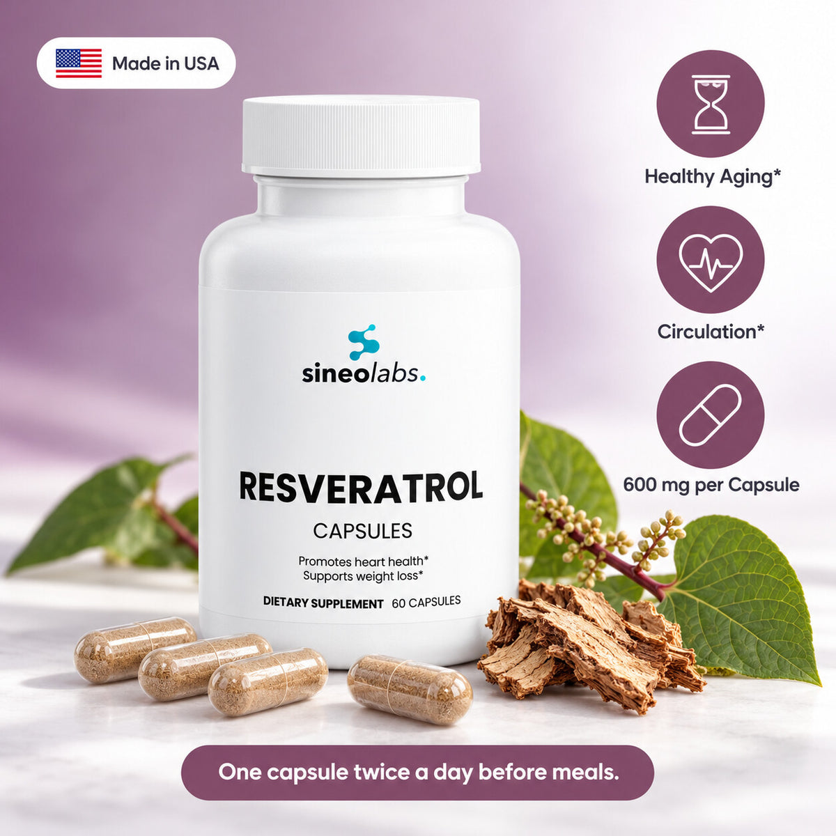 Resveratrol 50% 600mg Capsules, Trans-Resveratrol: Healthy Aging, Circulation, 600 mg per Capsule