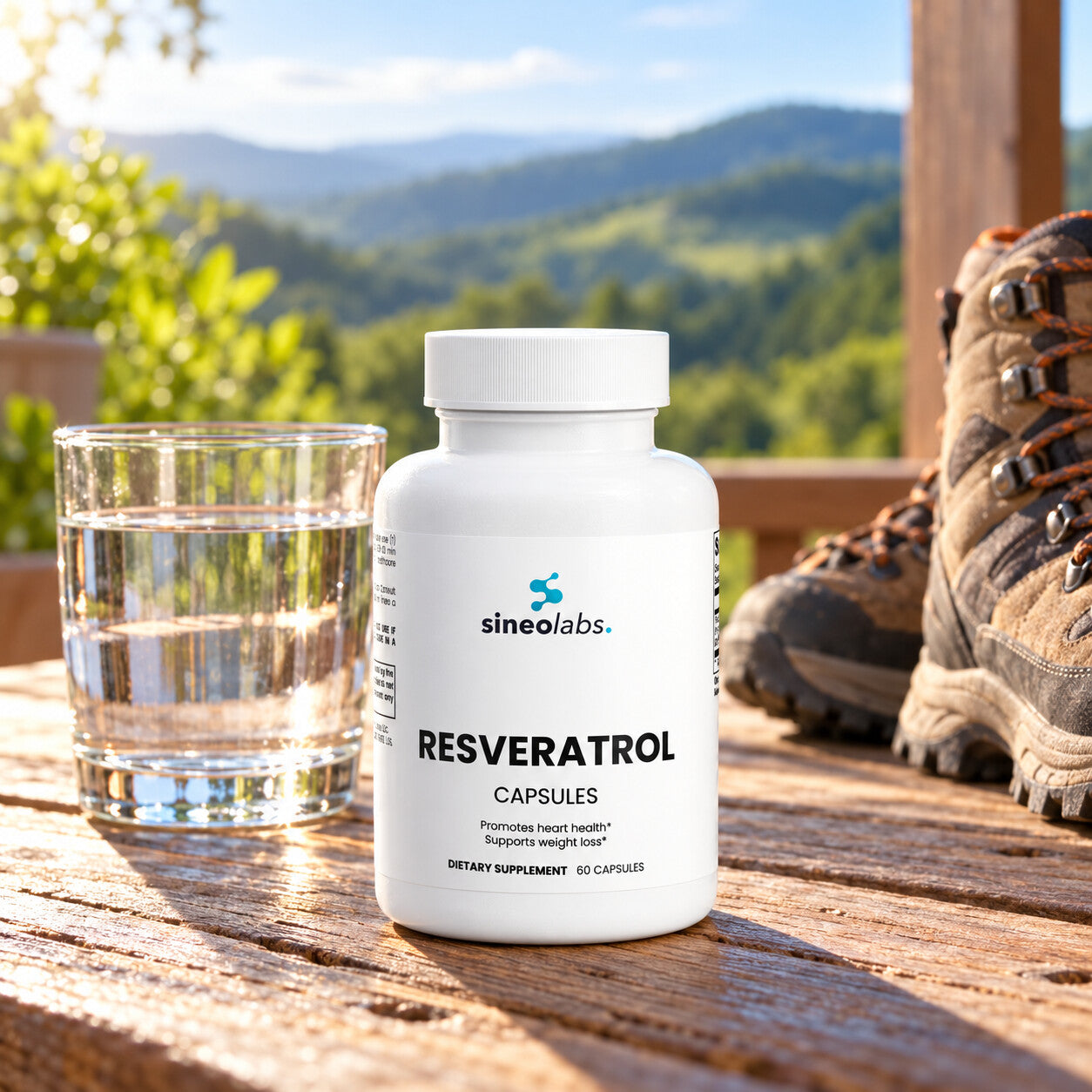 Resveratrol 50% 600mg Capsules, Trans-Resveratrol on a wooden porch table in soft morning light