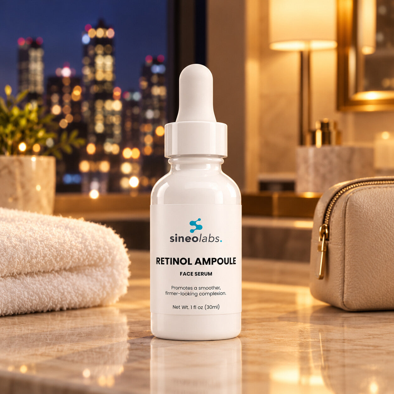 Retinol and Peptide Face Serum with Hexapeptide-11 alone on a clear hotel bathroom counter at night in warm lamp light