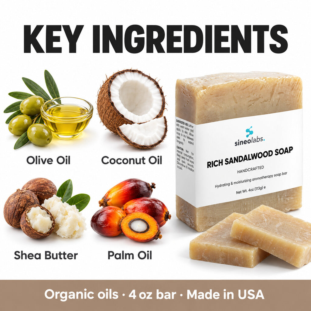Rich Sandalwood Soap Bar with Shea Butter: Olive Oil, Coconut Oil, Shea Butter, Palm Oil