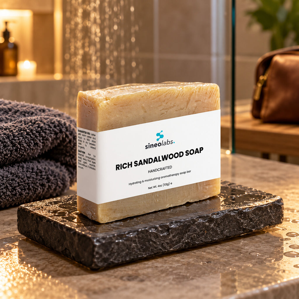 Rich Sandalwood Soap Bar with Shea Butter on a dark slate soap dish in a calm