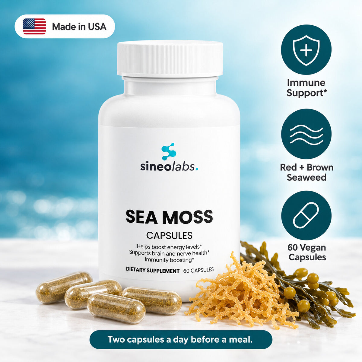 Sea Moss Capsules with Bladderwrack: Immune Support, Red + Brown Seaweed, 60 Vegan Capsules