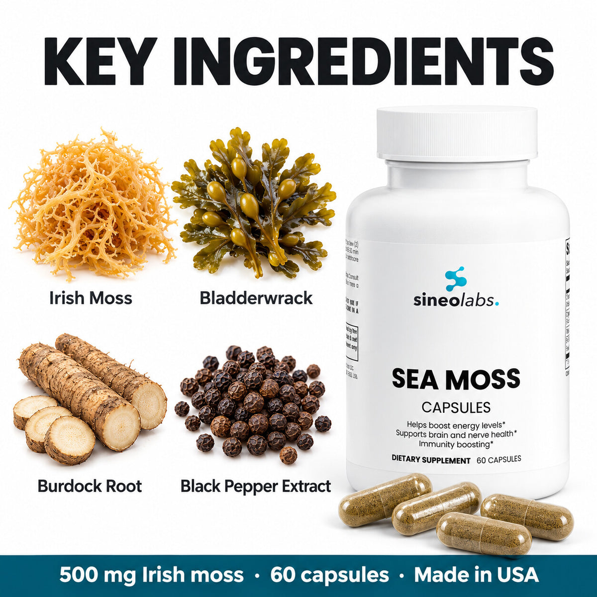 Sea Moss Capsules with Bladderwrack: Irish Moss, Bladderwrack, Burdock Root, Black Pepper Extract