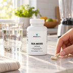 Sea Moss Capsules with Bladderwrack on a clean kitchen counter in soft morning light beside a glass of water and an empty blender pushed aside