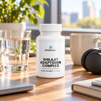 Shilajit Adaptogen Complex 400mg with Ashwagandha on a desk in a bright office in afternoon light