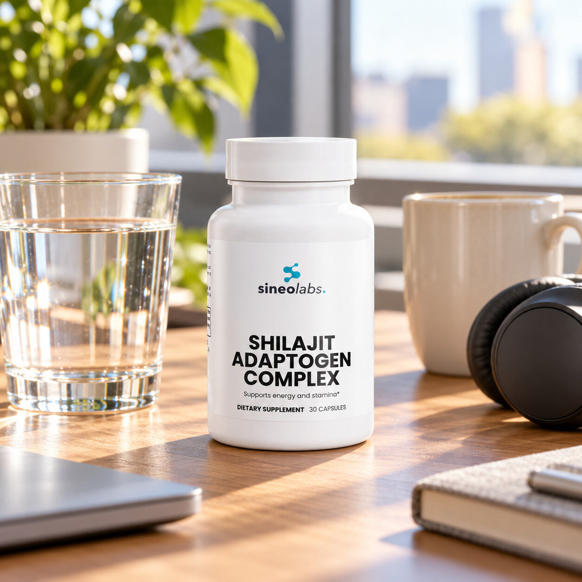 Shilajit Adaptogen Complex 400mg with Ashwagandha on a desk in a bright office in afternoon light