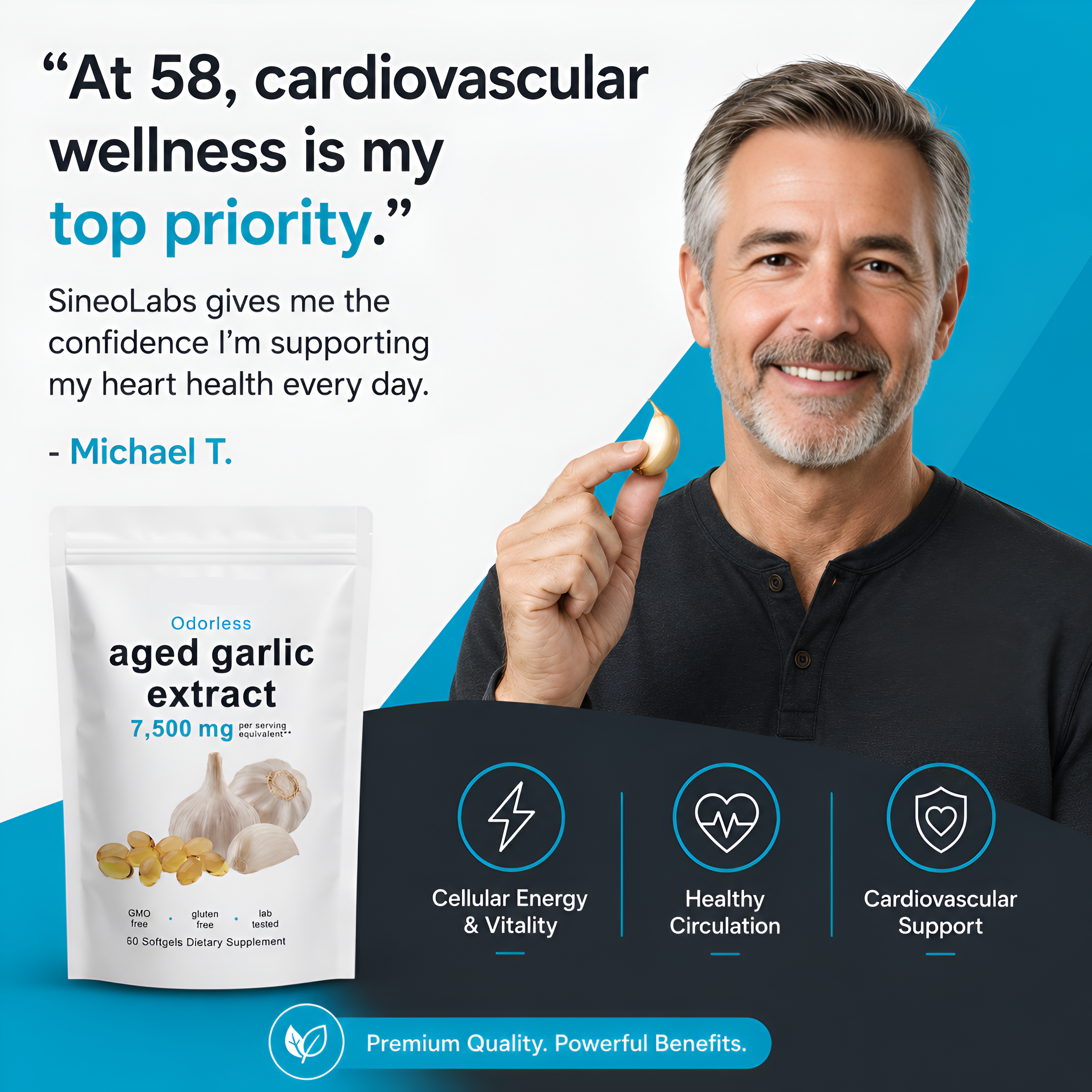 Man holding a package of SineoLabs aged garlic extract with text about cardiovascular wellness.