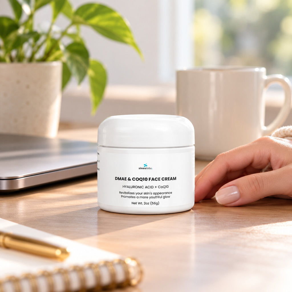 DMAE & CoQ10 Face Cream with Hyaluronic Acid on a tidy home-office desk in soft daylight beside a closed laptop