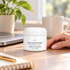 DMAE & CoQ10 Face Cream with Hyaluronic Acid on a tidy home-office desk in soft daylight beside a closed laptop